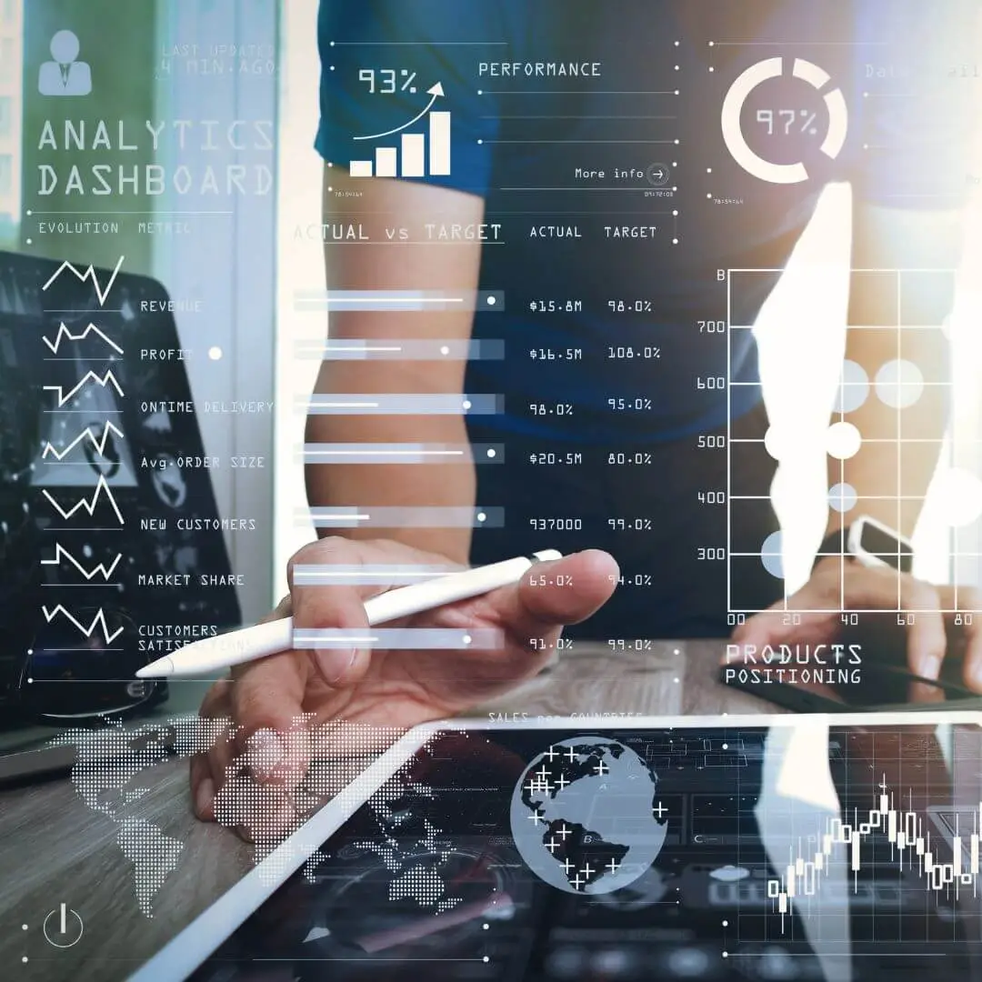 Hand using tablet with analytics dashboard showing SEO and website performance metrics.
